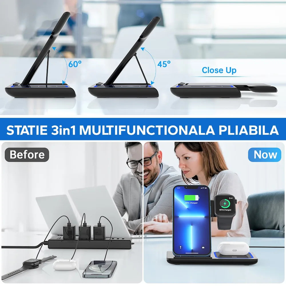 Stație de încărcare wireless 3 în 1