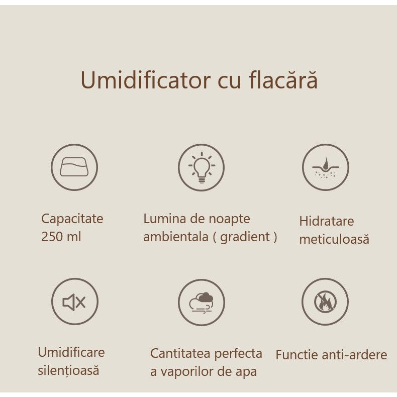 Umidificator De Tip Flacara, , Cu Aromaterapie, 7 Culori, 250 Ml, Negru